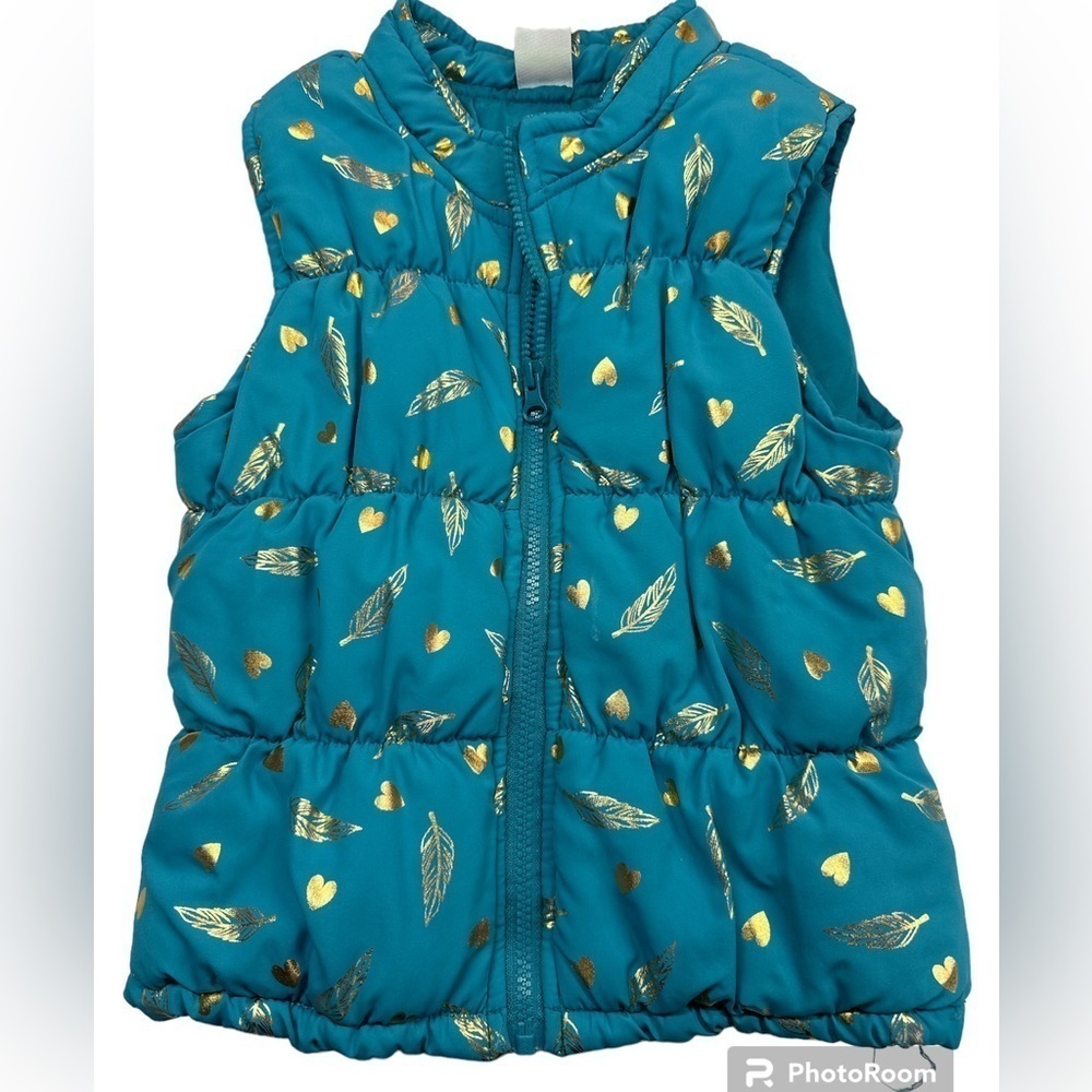 Healthtex Teal Green Gold Hearts/Leaves Puffer Vest Full Front Zipper 5T